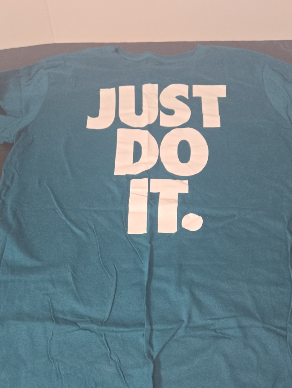 Nike Short Sleeve Tee in Teal with White "JUST DO IT." Graphic